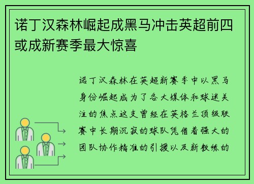 诺丁汉森林崛起成黑马冲击英超前四或成新赛季最大惊喜